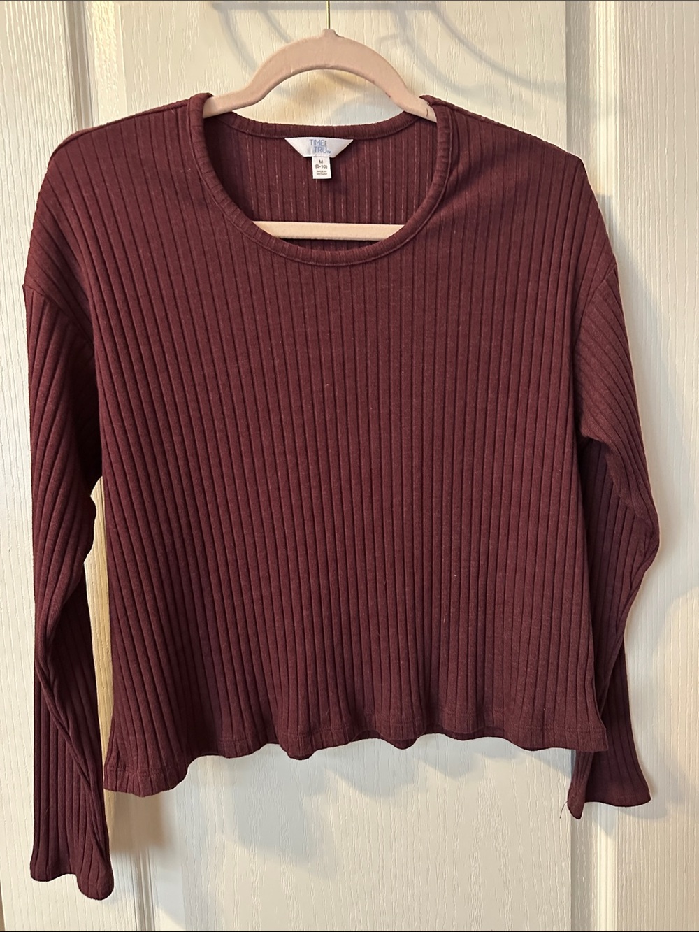Time and Tru Ribbed Long-Sleeve Crewneck Top in Burgundy